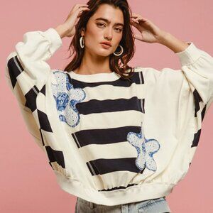 B7 BiBi Bold Blooms and Stipes Top - Oversized